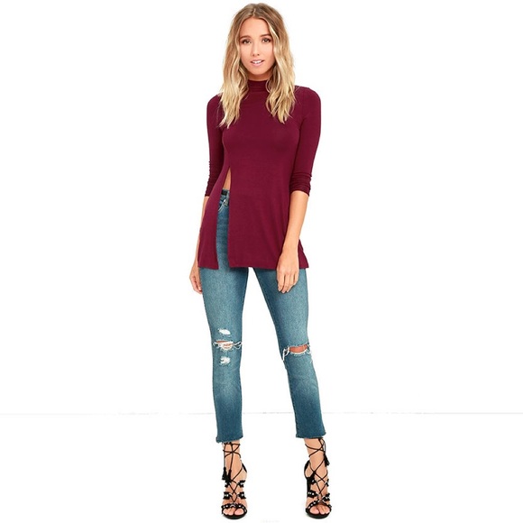 💥 SALE Side Split Mock Neck Long Sleeve Knit Top Burgundy - Picture 3 of 9